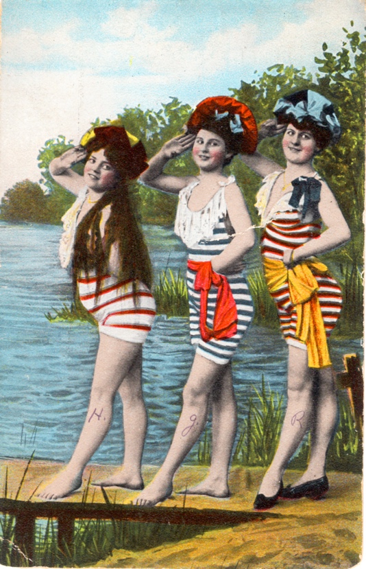 Lady swimmers on an old fashioned postcard illustration